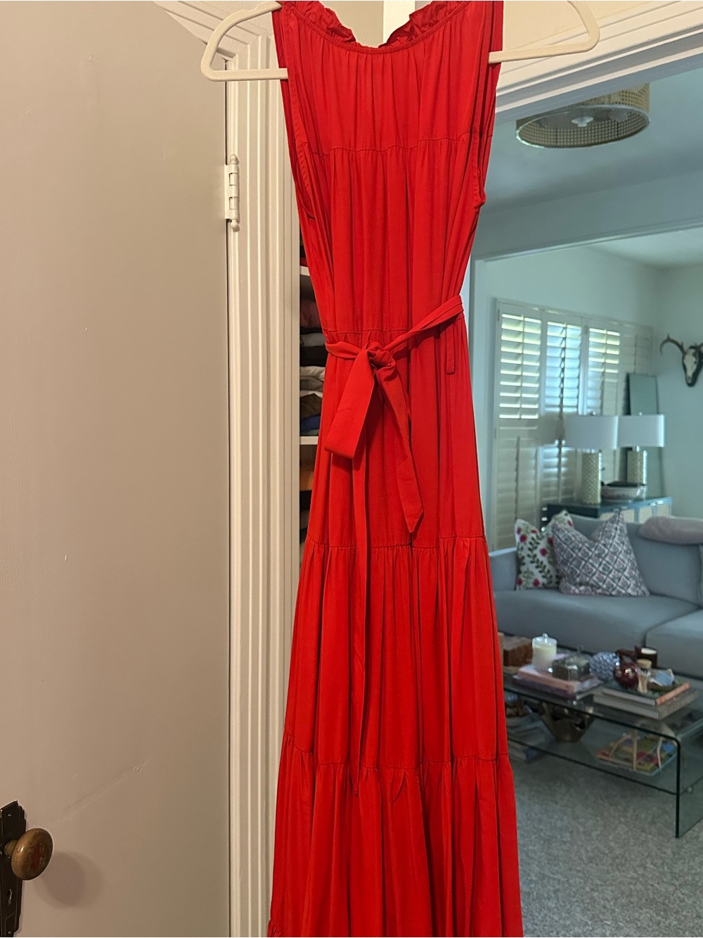 Pinch Red Sleeveless Tiered Maxi Dress with Waist Tie